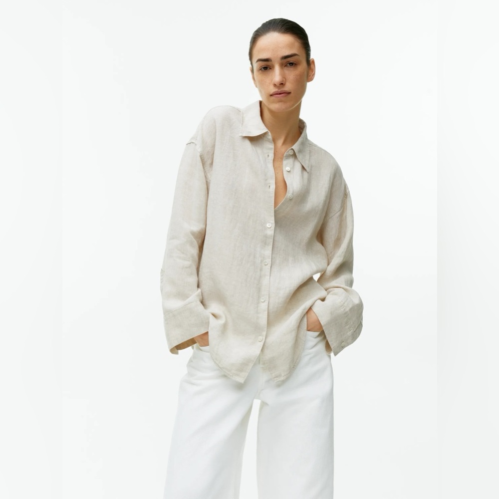 Arket Linen Button-Down Shirt in Beige/Cream